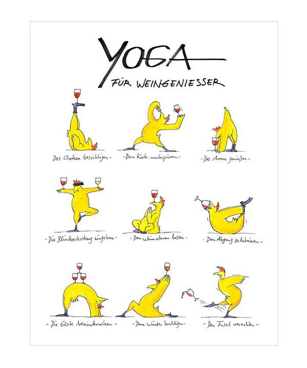 Peter Gaymann "Yoga für Weingenießer" - Pigmentdruck auf Bütten - 60 x 50 cm