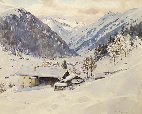 Rudol Preuss "Neustift im Stubaital, Winter" Aquarell - 25x 31cm