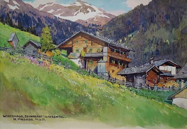Rudolf Preuss "Wirtshaus zu Innerst' im Weertal" Aquarell 1924