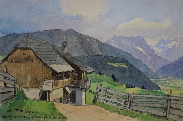 Rudolf Preuss  "Aus Geiselsberg gegen Antholzertal" Aquarell 1912