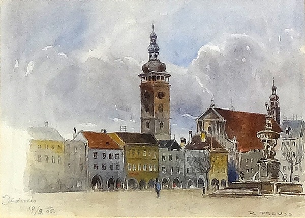 Rudolf Preuss "Budweis" Aquarell 16 x 33 cm