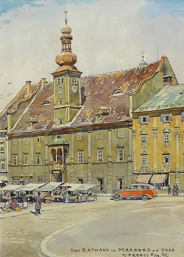 Rudolf Preuss "Das Rathaus in Marburg a.d. Drau" Aquarell 26 x 18,5 cm