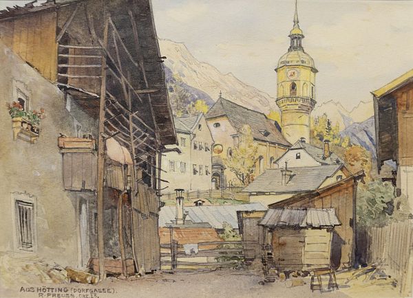 Rudolf Preuss "Hötting, Dorfgasse, 1923" Aquarell - 16 x 22cm