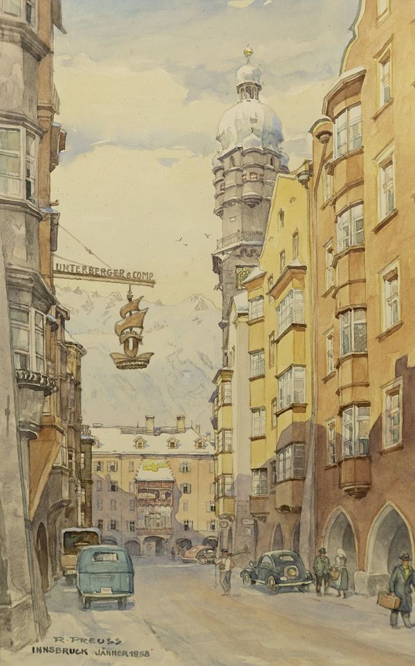 Rudolf Preuss "Innsbruck, Jänner, 1958" Aquarll - 30 x 19cm