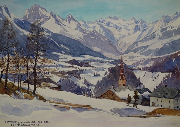 Rudolf Preuss "Patsch gegen die Stubaier" Aquarell 1924