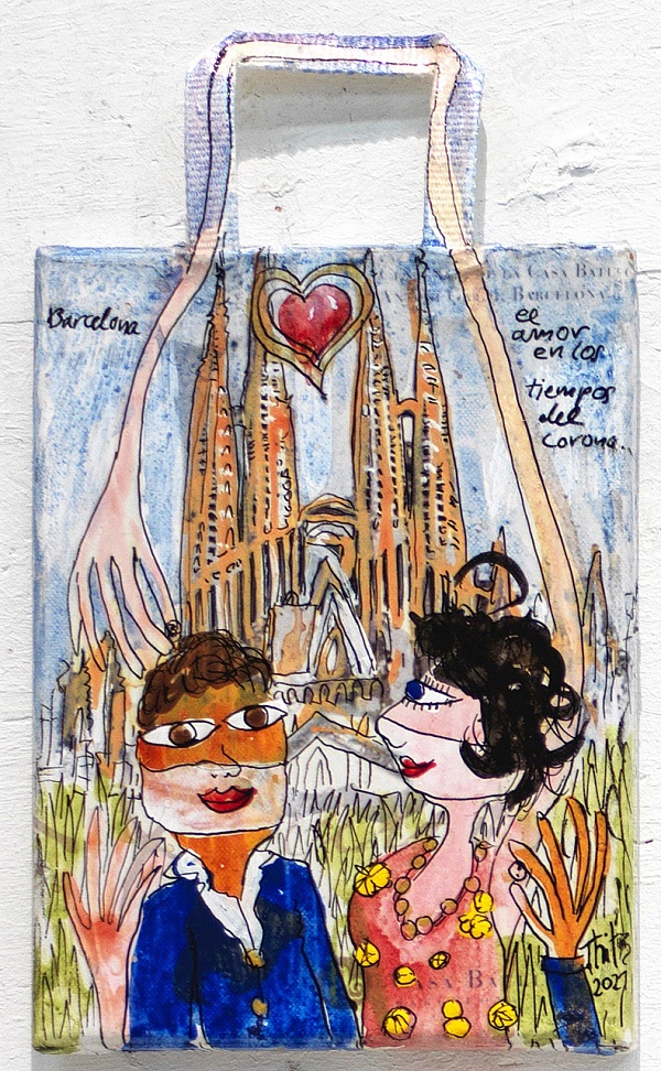 Thitz "Barcelona - El amor en los tiempos del corona" 2021 Acrylfarben und Tüten auf Leinwand 24 x 18 cm