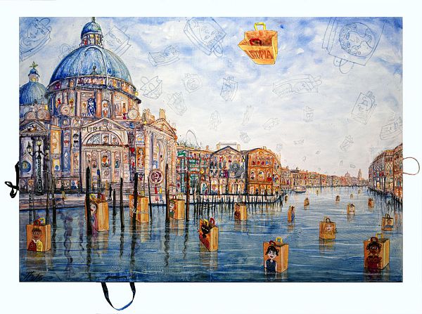 Thitz "Venezia visita utopica" 2022 Acrylfarben und recycelte Papiertüten auf Leinwand 140 x 200 cm