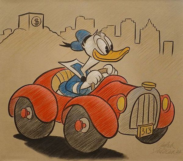 Ulrich Schröder "Donald Duck (in the car)" Kohle und Buntstift auf Leinwand 75 x 90cm