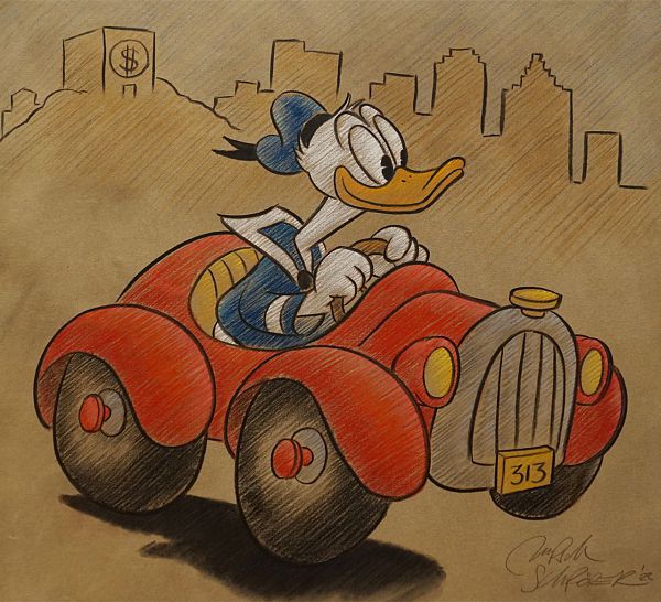 Ulrich Schröder "Donald Duck (in the car)" Kohle und Buntstift auf Leinwand 85 x 90 cm