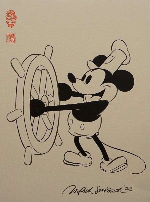 Ulrich Schröder "Mickey Evolution (Steamboat)" Japanische Reibetusche auf Papier 42 x 30 cm