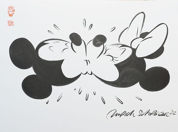 Ulrich Schröder "Mickey Minnie Kiss" Japanische Reibetusche auf Papier 41 x 52 cm