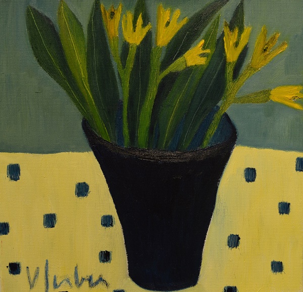Veronika Gerber "Blaues Blumenstilleben mit gelben Blumen" Öl auf Leinwand 30 x 30 cm