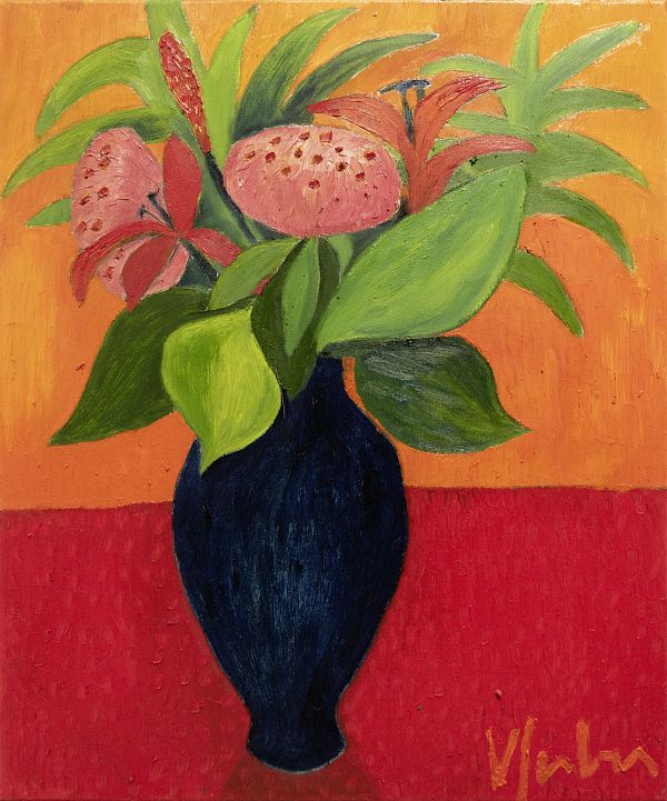 Veronika Gerber "Rotes Stilleben mit Pfingstrosen und blauer Vase" - Öl auf Leinwand - 60 x 50cm
