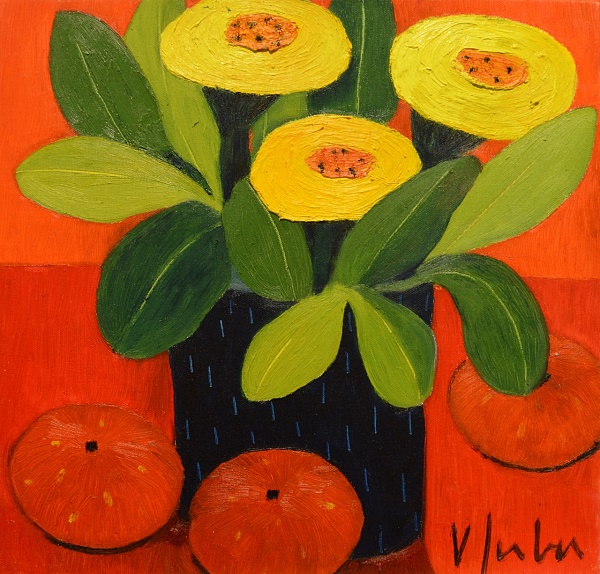 Veronika Gerber "Blumenstilleben mit gelben Blumen" Öl auf Leinwand 40 x 40 cm