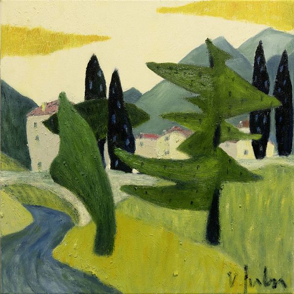 Veronika Gerber "Gardaseelandschaft mit Sarca und Häuser" Öl auf Leinwand - 40 x 40cm
