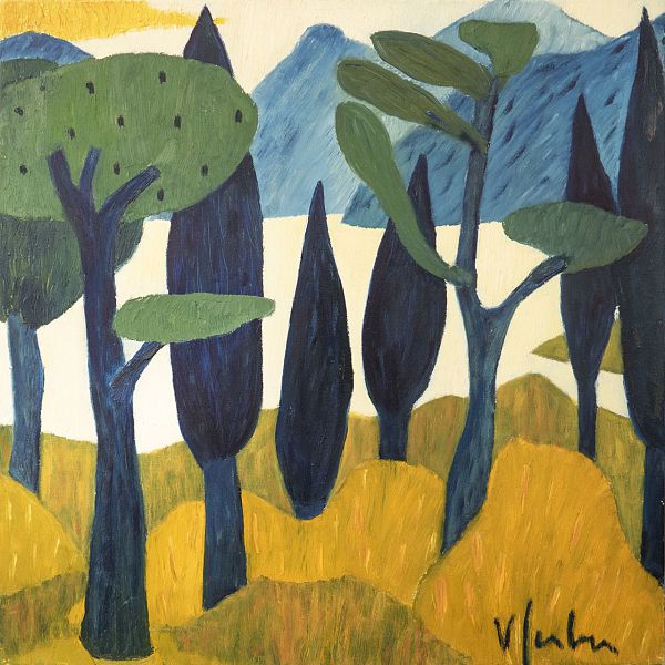 Veronika Gerber "Gardaseelandschaft mit Zypressen und Pinien" - Öl auf Leinwand - 60 x 60 cm