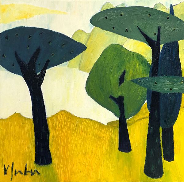 Veronika Gerber "Gelbe Gardaseelandschaft" 60 x 60 cm Öl auf Leinwand