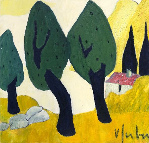 Veronika Gerber "Gelbe Gardaseelandschaft mit Rustico" - Öl auf Leinwand - 60 x 60 cm