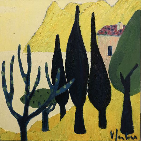 Veronika Gerber "Gelbe Gardaseelandschaft von Monte Brione" - Öl auf Leinwand - 50 x 50 cm