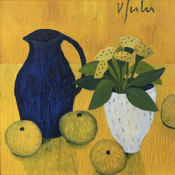 Veronika Gerber "Gelbes Stilleben mit Krug, Blmen und Grapefruit" - Öl auf Leinwand - 50 x 50 cm