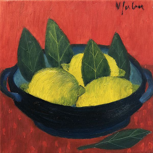 Veronika Gerber "Kleines rotes Zitronenstilleben mit blauer Schüssel II" - Öl auf Leiwand - 30 x 30 cm