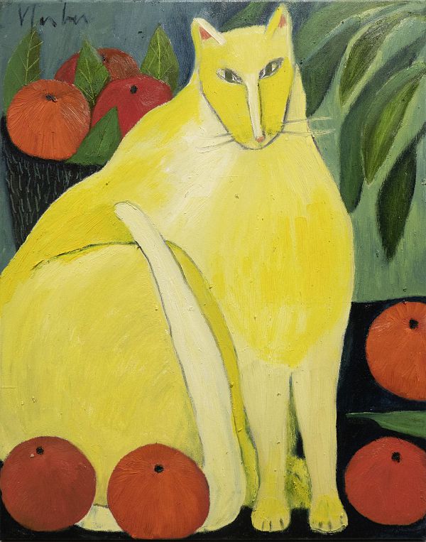 Veronika Gerber "Orangenstilleben mit Katze" - Öl auf Leinwand - 60 x 50cm