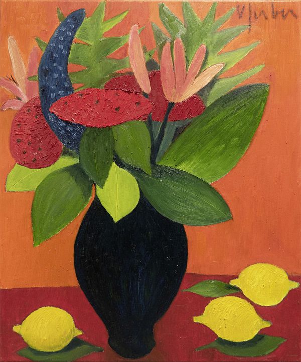 Veronika Gerber "Oranges Blumenstilleben mit 3 Zitronen" - Öl auf Leinwand - 60 x 50cm