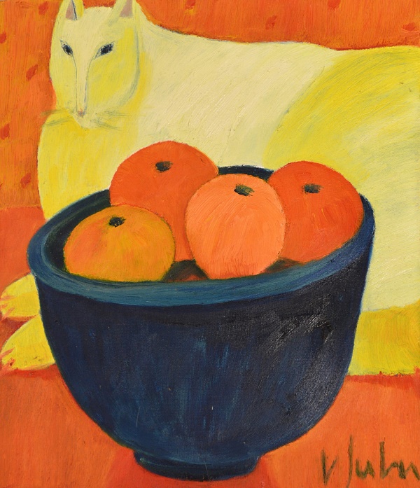 Veronika Gerber "Oranges Stilleben mit Katze" Öl auf Leinwand 40 x 40 cm W
