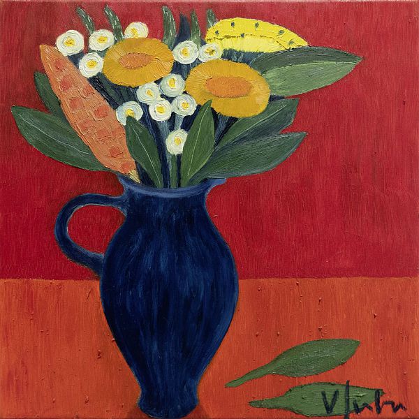 Veronika Gerber "Rotes Stilleben mit blauem Krug und Blumen" - Öl auf Leinwand - 50 x 50cm