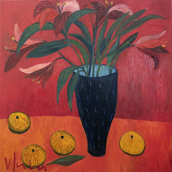 Veronika Gerber "Rotes Blumenstilleben mit Lilien und 4 Orangen" Öl auf Leinwand - 80 x 80cm