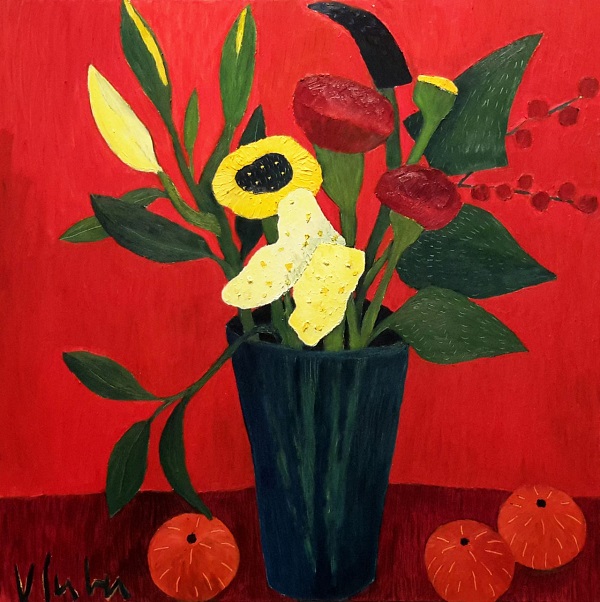 Veronika Gerber "Rotes Blumenstillleben" Öl auf Leinwand 80 x 80 cm I