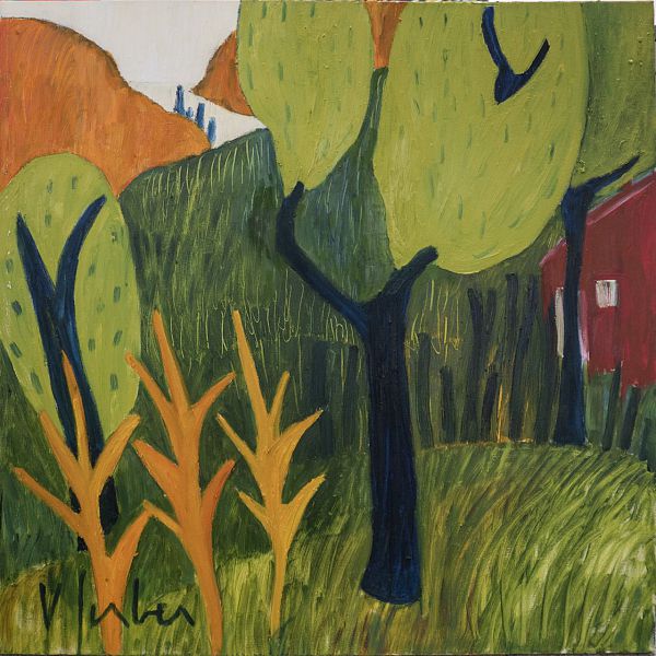 Veronika Gerber "Rotes Haus mit Blick auf den Gardasee" - Öl auf Leinwand - 80 x 80 cm