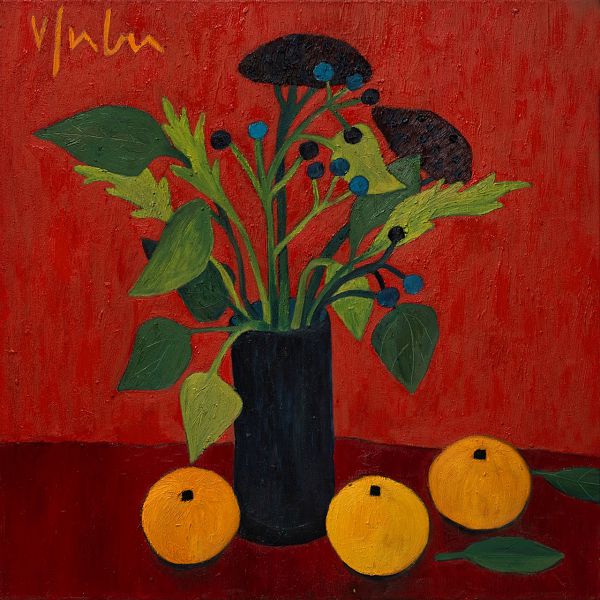 Veronika Gerber "Rotes Stillleben mit Herbststrauß und Grapefruits" Öl auf Leinwand 80 x 80 cm