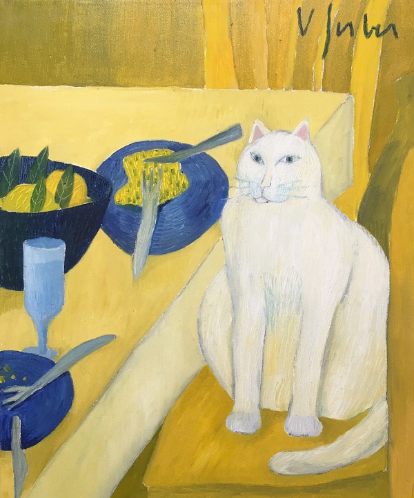 Veronika Gerber "Stilleben mit weißer Katze" Öl auf Leinwand 60 x 50 cm W