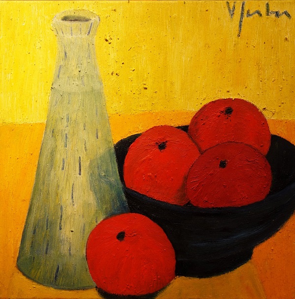 Veronika Gerber "Stillleben mit Wasserkrug und 4 Orangen" Öl auf Leinwand 40 x 40 cm