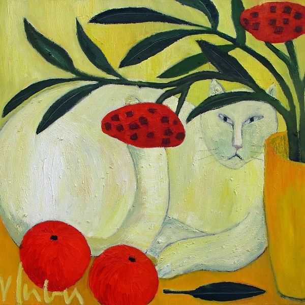 Veronika Gerber "Weiße Katze" Öl auf Leinwand 50 x 50 cm