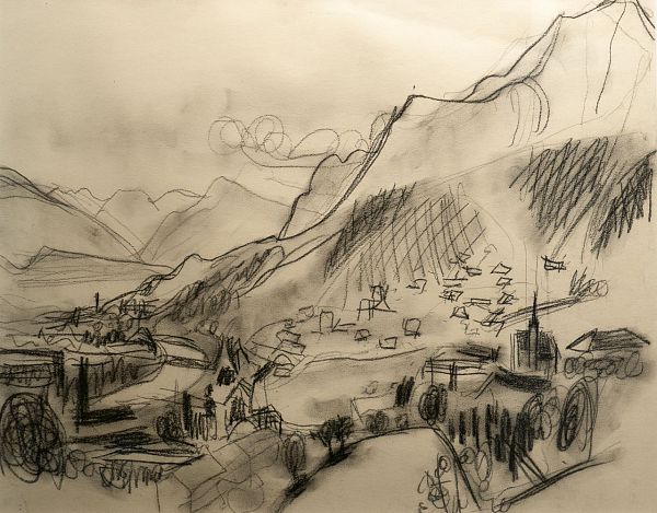 Walter Honeder "Blick über Mühlau nach Innsbruck" - Kohlezeichnung - 43 x 53 cm