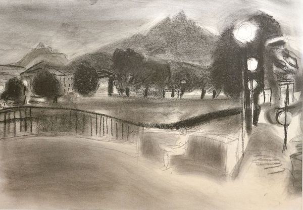 Walter Honeder "Innsbruck am Rennweg" - Kohlezeichnung - 40 x 58 cm