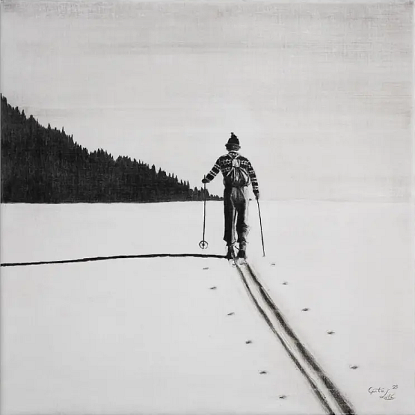 Günter Leiter "Wo sind die Berge" Kohle auf Naturleinen, 60 x 60cm