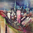 Bernhard Vogel "Dachlandschaft mit Stephansdom Wien" Aquarell 56 x 76 cm