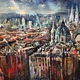 Bernhard Vogel "Dachlandschaft mit Votivkirche Wien" Mixed Media 100 x 120 cm