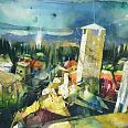 Bernhard Vogel "Vicopisano, Morgenlicht Toskana" Aquarell/Acryl 56 x 76 cm