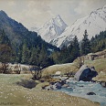 Eduard Handel Mazzetti "Krokosblüte im Sellraintal mit Lüsener Kogel" 1947 Aquarell