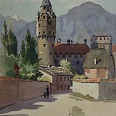 Eduard Handel Mazzetti "Münzerturm in Hall" 1922 Aquarell 35 x 24 cm