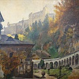 Eduard von Handel Mazzetti "Salzburg- Peterfriedhof mit Burg" 1946 Öl auf Leinwand 81 x 108 cm