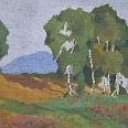 Ernst Nepo "Landschaft mit Birken" Öl auf Platte 21,5 x 29,5 cm