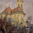 Erwin Pendl "Kirche in Ober St. Veit" 1930 Aquarell 19 x 9,6 cm