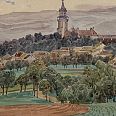 Erwin Pendl "Wallsee NÖ an der Donau mit herzöglichem Schloss von Sindelburg" 1931 Aquarell 10,6 x 28 cm
