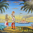 Hans Crepaz "Kaiser Franz Josef trifft bei der Eröffnung des Suez-Kanals den Pharao" Öllasur auf Karton 20 x 25cm