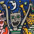 James Rizzi "Cats like a good party" 1995 3D-Siebdruck 11,5 x 24 cm